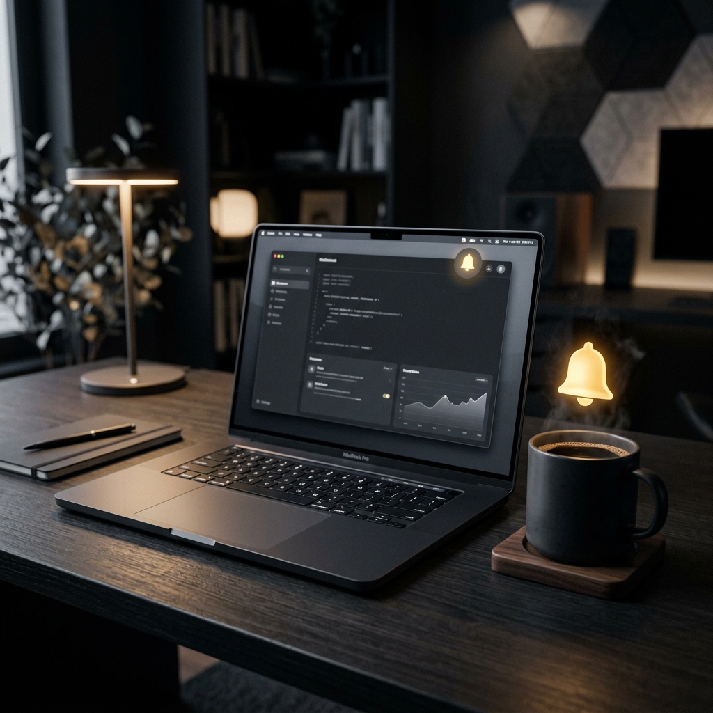A sleek laptop with a glowing bell icon next to coffee