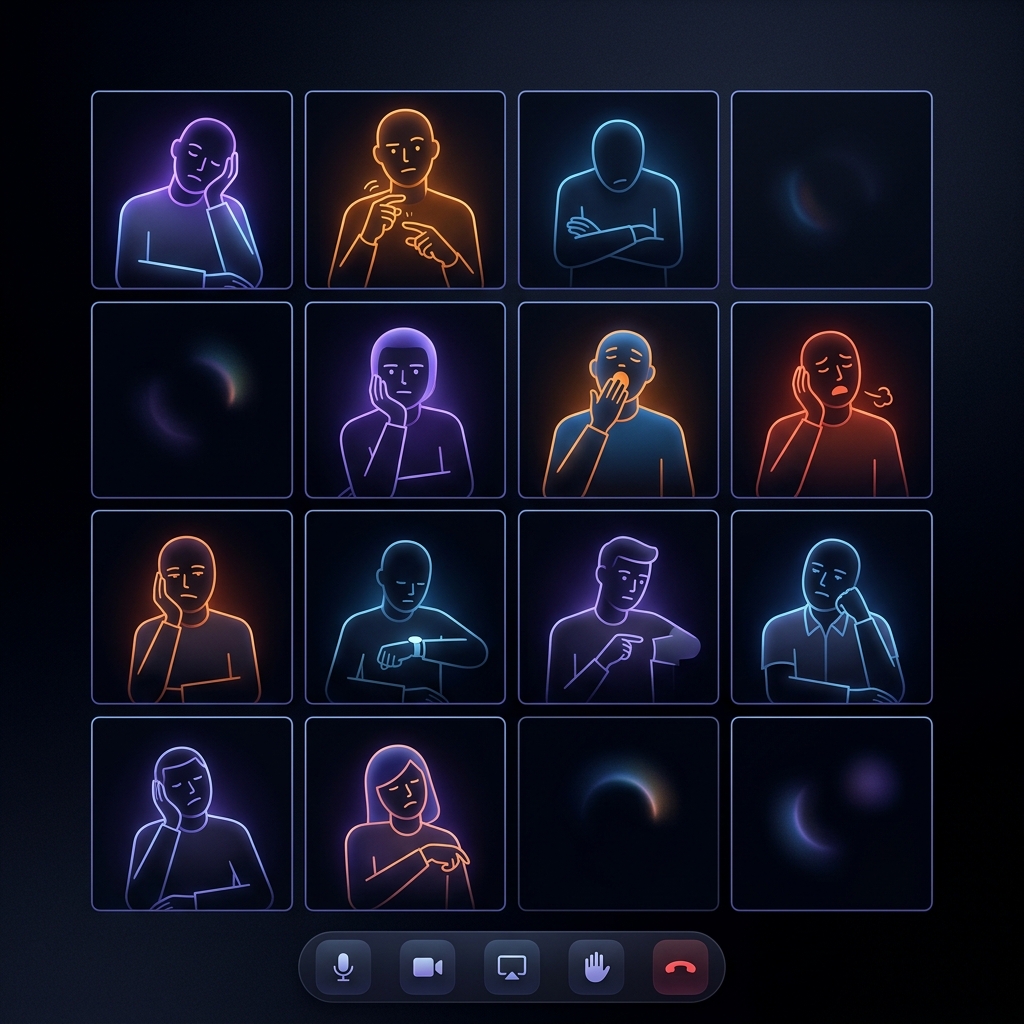 Abstract grid of several impatient looking avatars on a video call