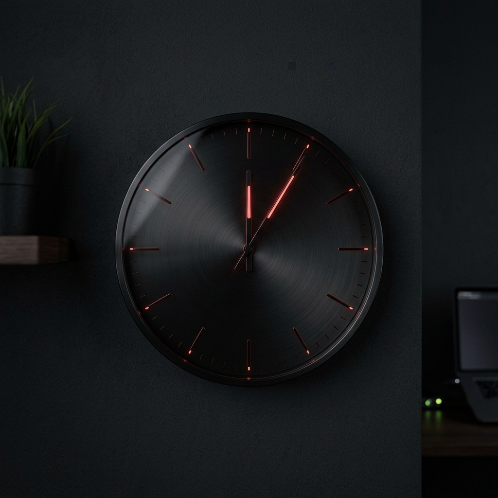 Clock showing 5 minutes past with a subtle red glow
