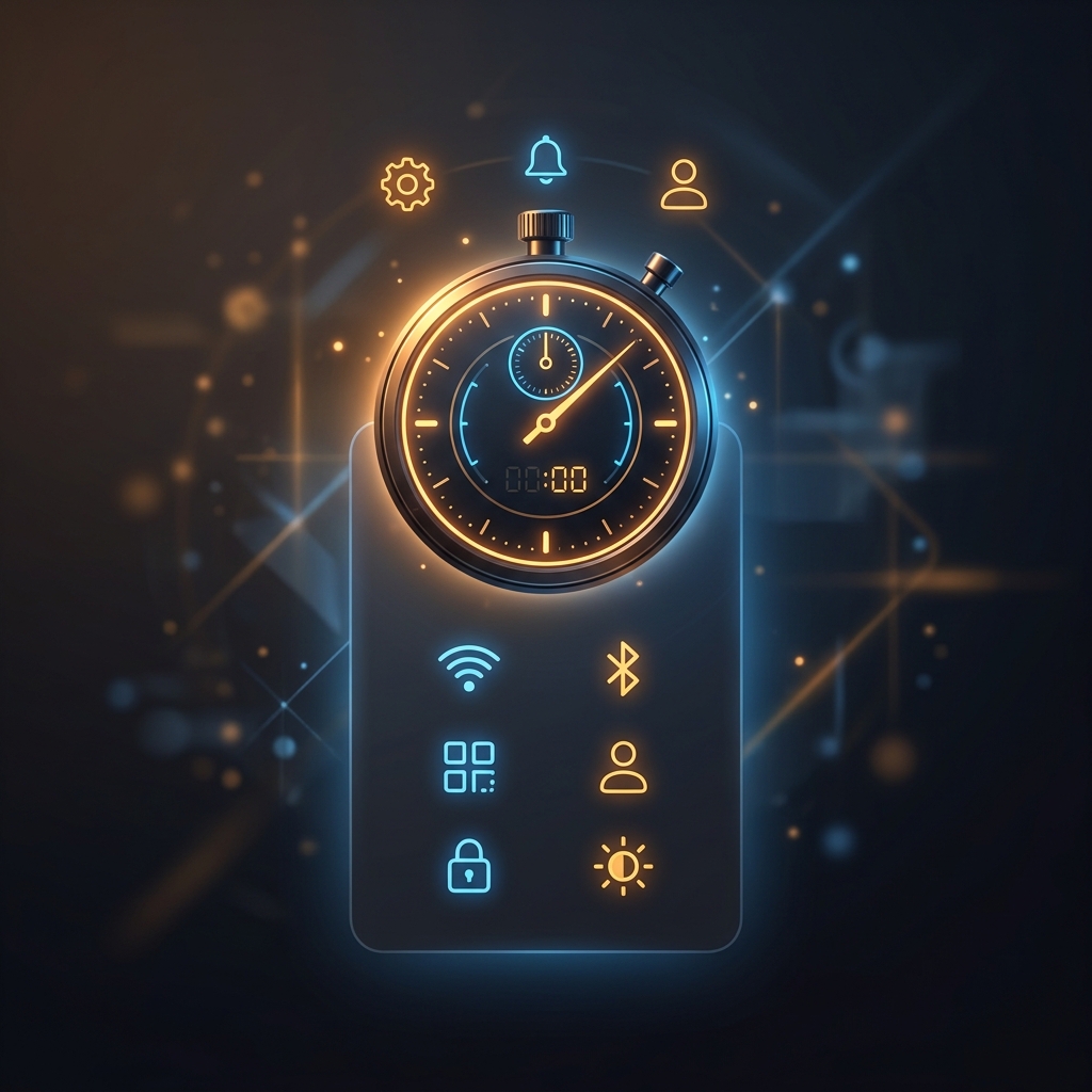 Settings menu floating with a glowing stopwatch